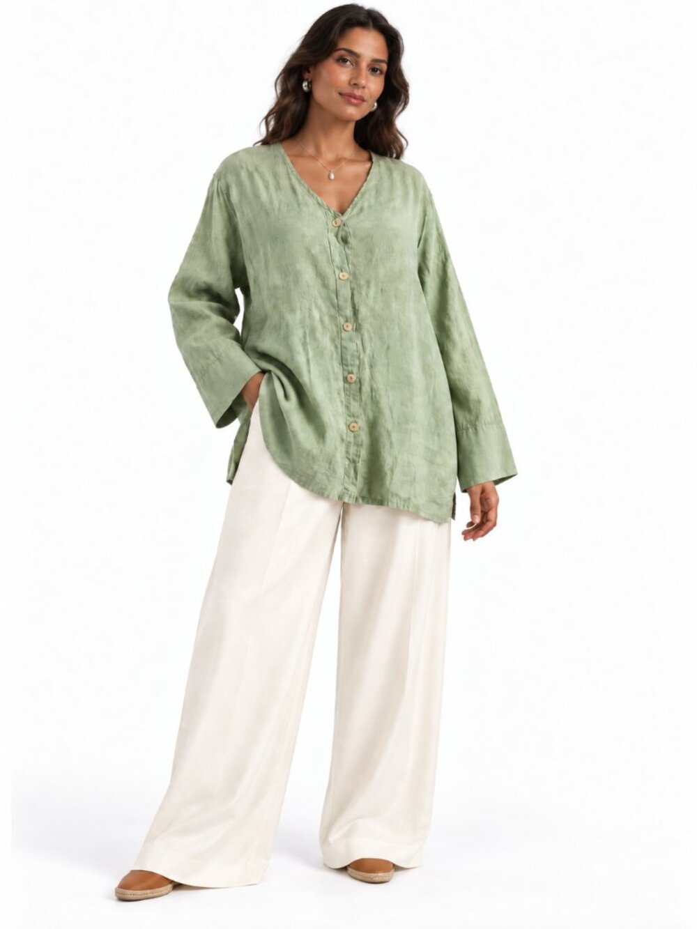 FLAX Sage Green Linen Tunic Blouse Size M Oversized Lagenlook Art to Wear